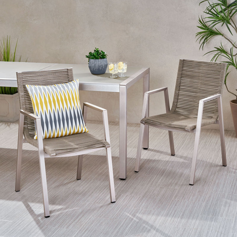 Set of two Noble House outdoor modern aluminum dining chairs with rope sea accents, suitable for patio or garden seating.