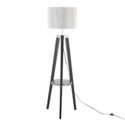 Lumi Source Compass mid-century modern floor lamp with integrated shelf, featuring sleek design and warm wood finish.