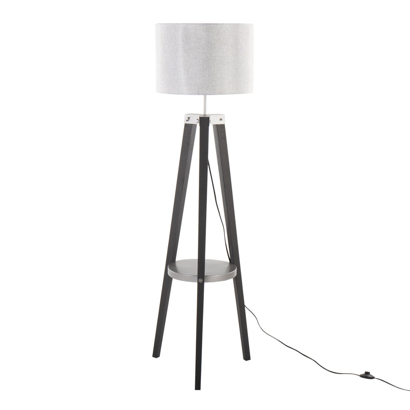 Lumi Source Compass mid-century modern floor lamp with integrated shelf, featuring sleek design and warm wood finish.