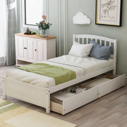 DreamHaus platform storage bed with wood frame, two drawers, and headboard, showcasing a modern and functional bedroom design.