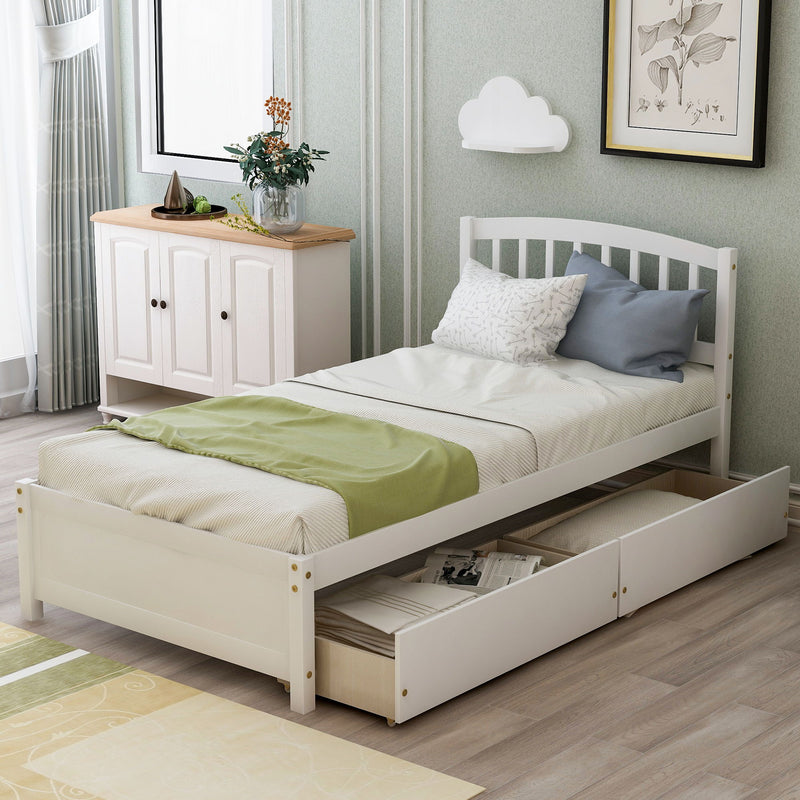 DreamHaus platform storage bed with wood frame, two drawers, and headboard, showcasing a modern and functional bedroom design.