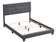 Upholstered Caldwell bed by Glory Furniture with a padded headboard and neutral fabric, shown in a modern bedroom setting.