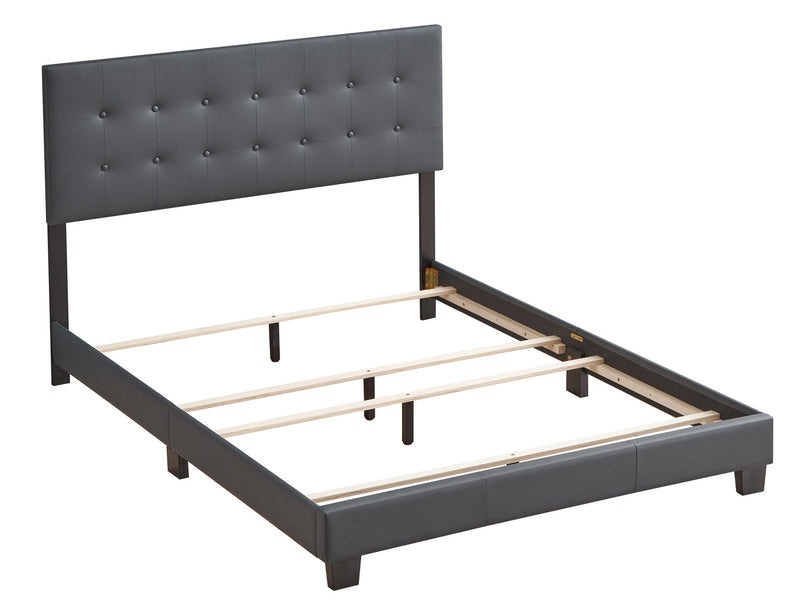 Upholstered Caldwell bed by Glory Furniture with a padded headboard and neutral fabric, shown in a modern bedroom setting.