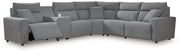 Signature Design by Ashley Modmax II reclining sectional in salt and pepper fabric with plush cushions and reclining seats.