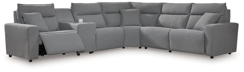 Signature Design by Ashley Modmax II reclining sectional in salt and pepper fabric with plush cushions and reclining seats.