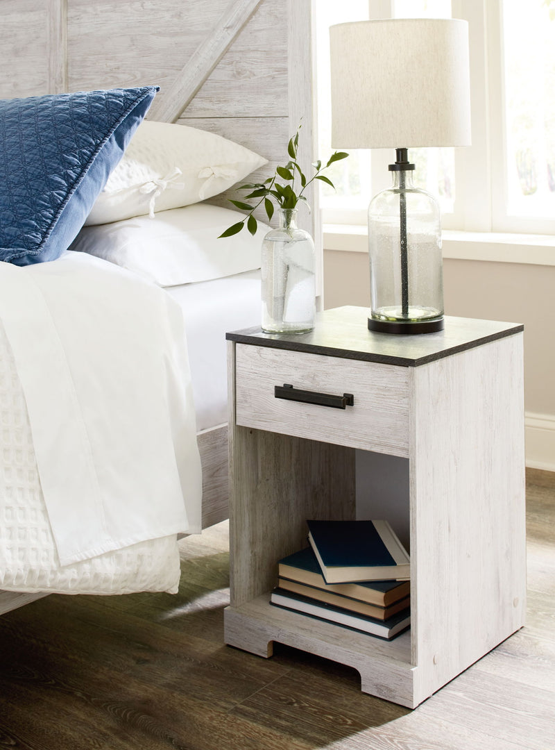 Shawburn - One Drawer Night Stand - Open Cubby - White / Black / Gray - R&R Furniture Gallery (Fountain Valley, CA)