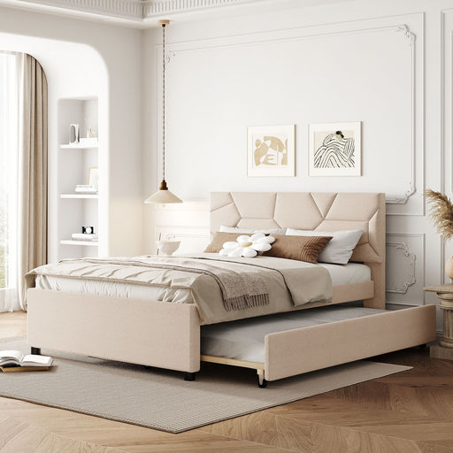 Upholstered Platform Bed With Brick Pattern Headboard And Twin Long Size Trundle - R&R Furniture Gallery (Fountain Valley, CA)