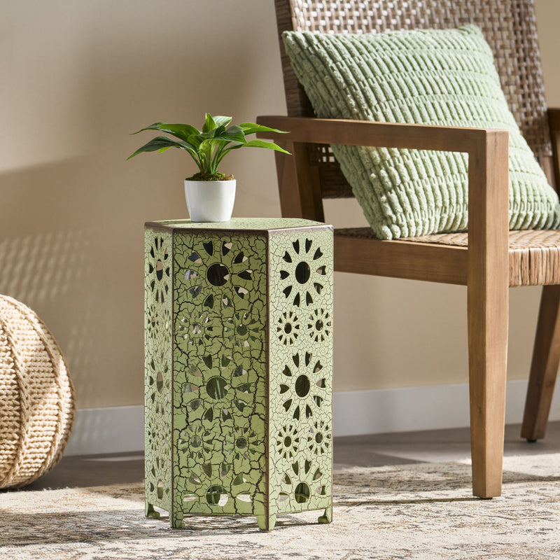 Noble House Eliana side table with a sleek, modern design featuring a wooden finish and sturdy metal legs.