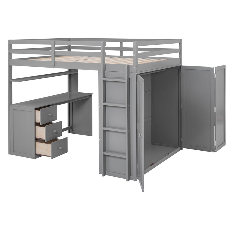 DreamHaus loft bed with integrated drawers, desk, and wardrobe, showcasing a modern wooden structure with multiple storage options.