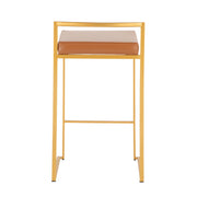 Lumi Source Fuji contemporary glam counter stool set with sleek design, wooden legs, and upholstered seats, two stools side by side.