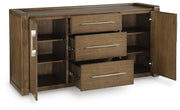 Benchcraft Marxmore brown dining room server with storage drawers and cabinet doors, showcasing a versatile and elegant furniture piece.