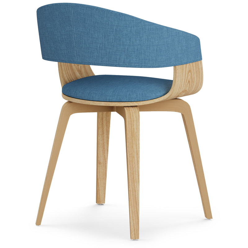 Simpli-Home Lowell mid-century modern bentwood armchair with a sleek wooden frame and curved backrest for stylish dining room seating.