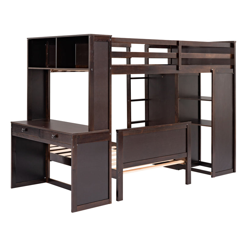DreamHaus loft bed with stand-alone bed, shelves, desk, and wardrobe, showcasing a multi-functional bedroom furniture setup.