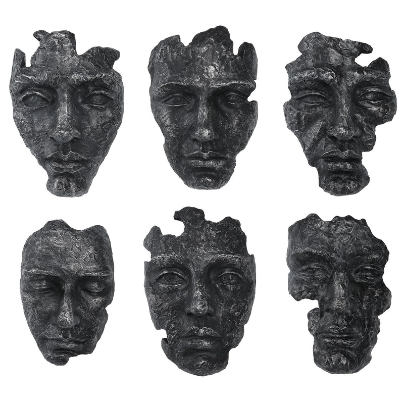 Set of six Uttermost Self-Portrait Mask wall decor pieces with bold, artistic designs for modern home interior decoration.