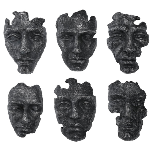 Set of six Uttermost Self-Portrait Mask wall decor pieces with bold, artistic designs for modern home interior decoration.