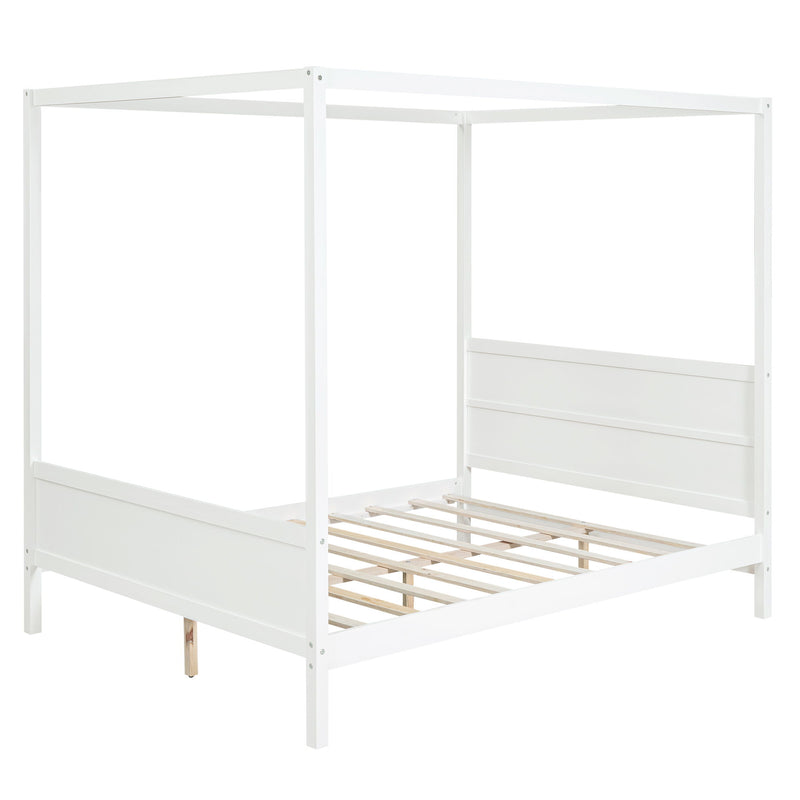 DreamHaus canopy platform bed with headboard, footboard, and slat support legs shown in the image.