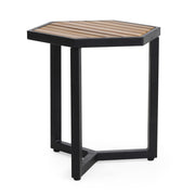 Brown outdoor side table with iron base and slatted top from Noble House, ideal for patio or garden spaces.