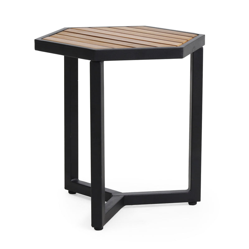 Brown outdoor side table with iron base and slatted top from Noble House, ideal for patio or garden spaces.