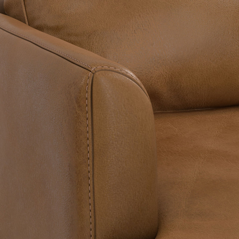 Livingston upholstered stationary sofa by Simpli-Home featuring plush fabric and comfortable cushions in a modern living room setting.
