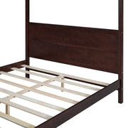 DreamHaus canopy platform bed with headboard, footboard, and slat support legs, showcasing a sturdy wooden frame and elegant design.