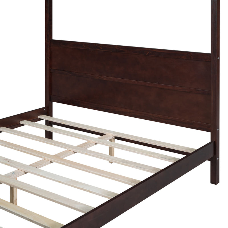 DreamHaus canopy platform bed with headboard, footboard, and slat support legs, showcasing a sturdy wooden frame and elegant design.