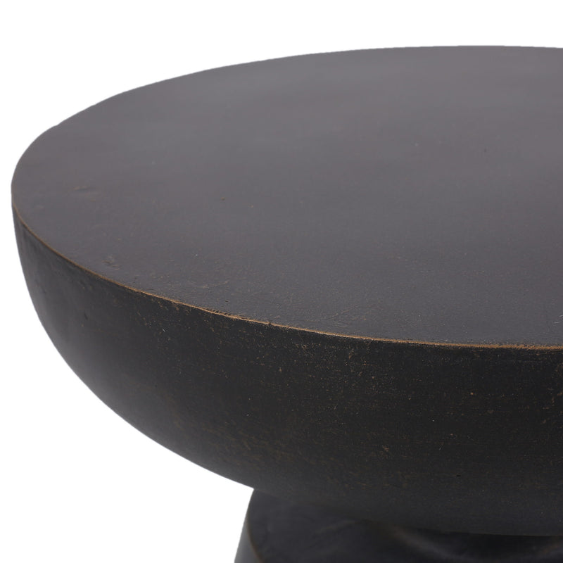 Outdoor lightweight concrete end table with half sphere copper top, featuring a modern design and sturdy construction.
