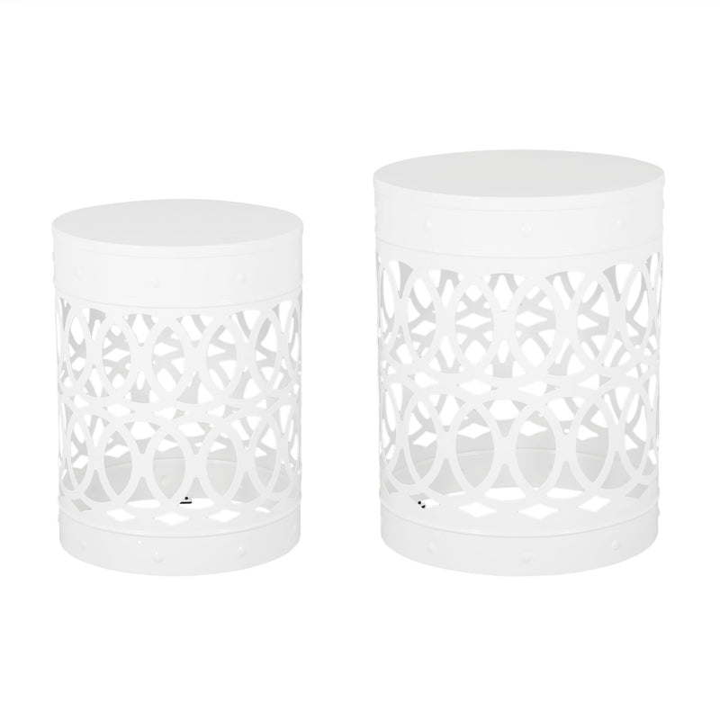 Noble House outdoor metal side table with a sleek, modern design, suitable for patio or garden use.