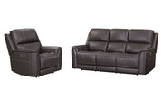 Parker Living Zero Gravity Power Reclining Sofa Set with three plush, dark-colored recliners in a modern living room setting.