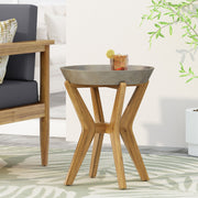 Noble House Yukon contemporary side table with lightweight concrete top and acacia wood frame in gray finish.