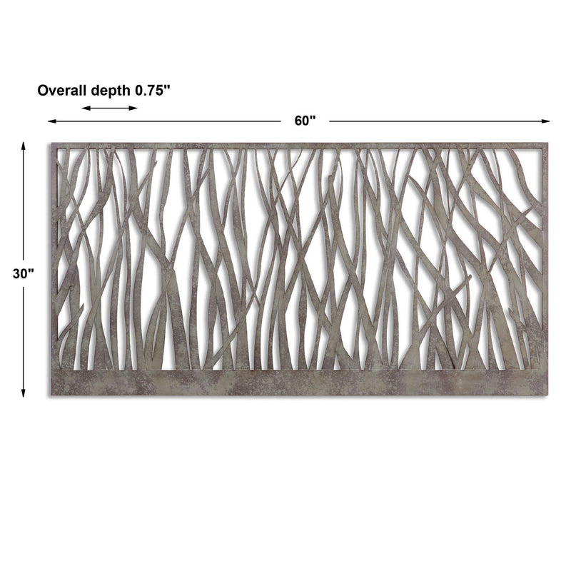 Uttermost Amadahy pearl silver metal wall art, abstract wall decor with intricate cutout patterns and a sleek modern design.