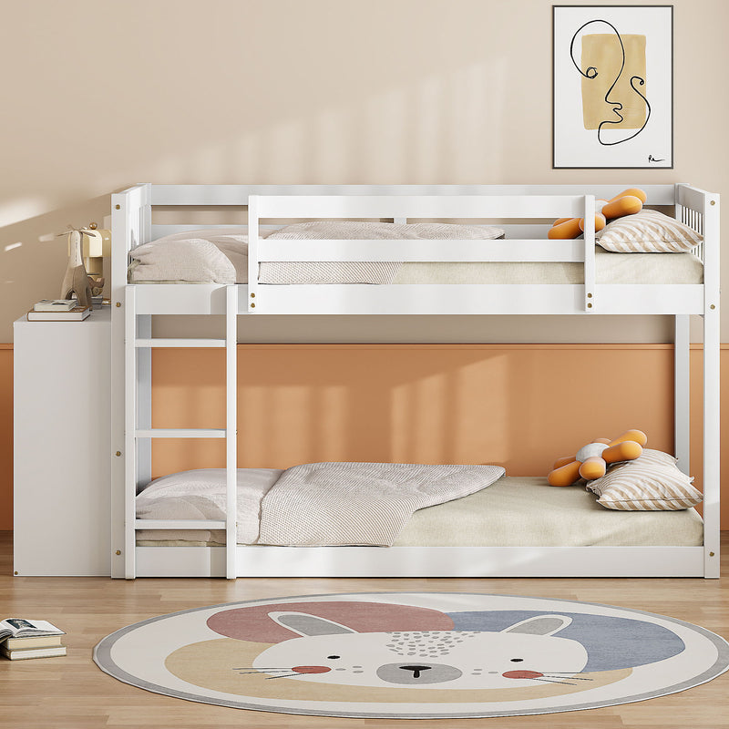 DreamHaus bunk bed with four drawers and three shelves, featuring a sturdy wooden frame and space-saving design.