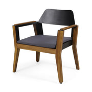 Set of two Noble House Soho outdoor club chairs with teak frames and cushions, showcasing a transitional style for patio seating.