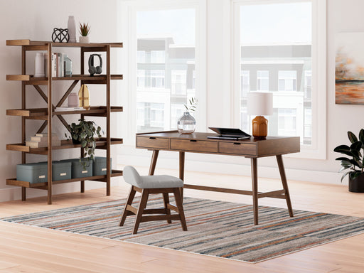 Signature Design by Ashley brown 3-piece home office set with desk, chair, and bookcase, perfect for stylish workspace organization.