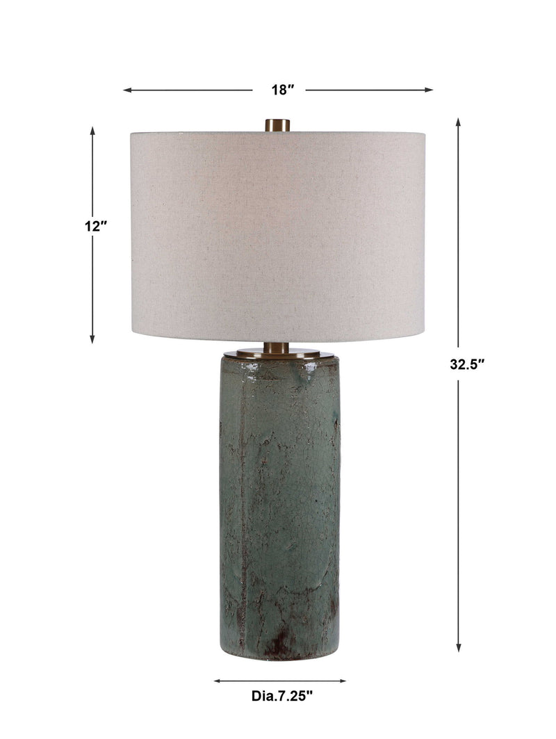 Uttermost Callais crackled aqua glass table lamp with metal base and modern design, ideal for stylish home lighting.