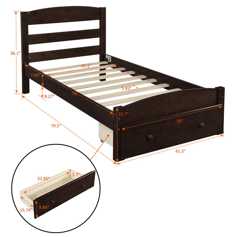DreamHaus platform storage bed frame with built-in drawers, wood slat support, no box spring needed, in a modern bedroom setting.