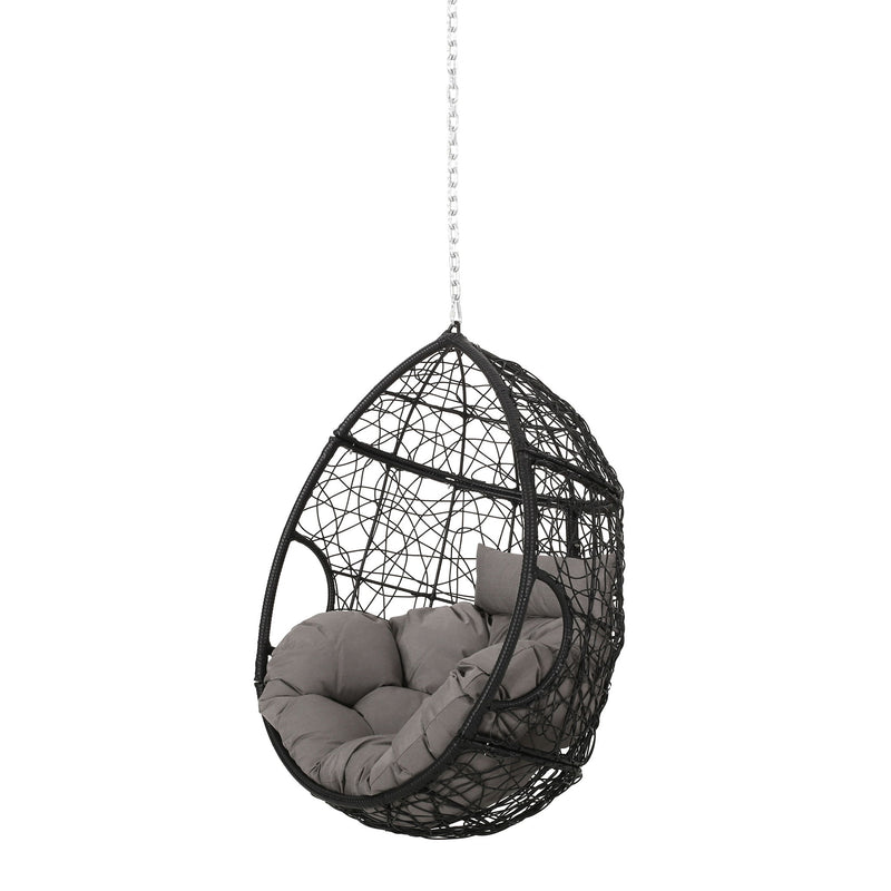 Noble House teardrop hanging chair with 8-foot chain, featuring a cozy fabric seat and sturdy suspension for indoor or outdoor use.