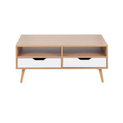 Lumi Source Astro contemporary coffee table with natural wood top and white base, modern design for living room decor.
