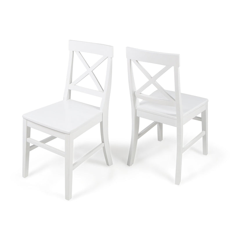 Set of two Noble House Plethora dining chairs with X-shaped back design, featuring wooden legs and cushioned seats.