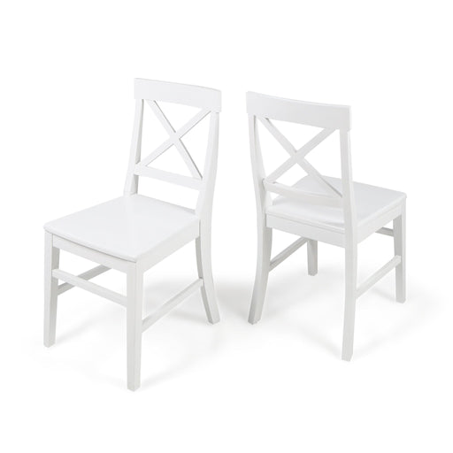 Set of two Noble House Plethora dining chairs with X-shaped back design, featuring wooden legs and cushioned seats.