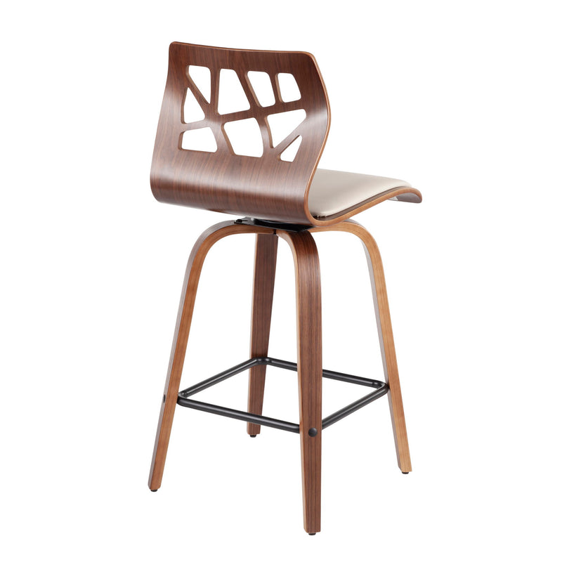 Set of two Lumi Source Folia Mid Century Modern counter stools with wooden legs and upholstered seats.
