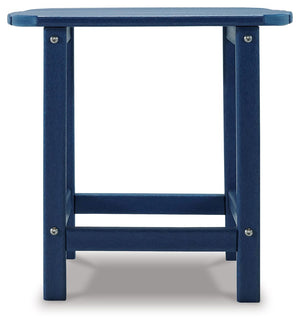 Signature Design by Ashley Sundown Treasure outdoor end table with a rustic wooden top and sturdy metal legs.