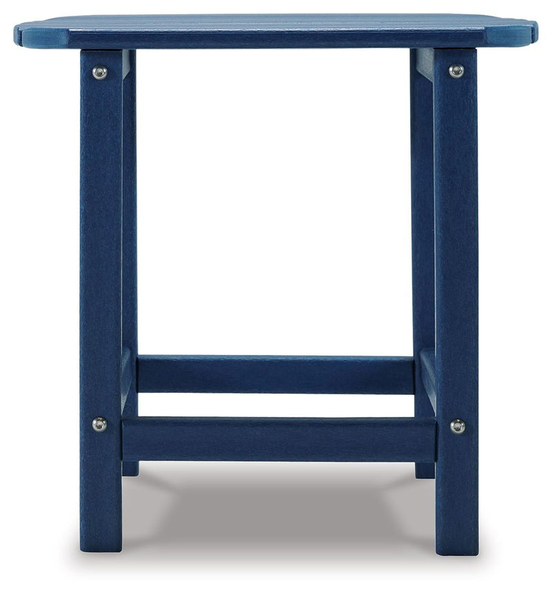 Signature Design by Ashley Sundown Treasure outdoor end table with a rustic wooden top and sturdy metal legs.