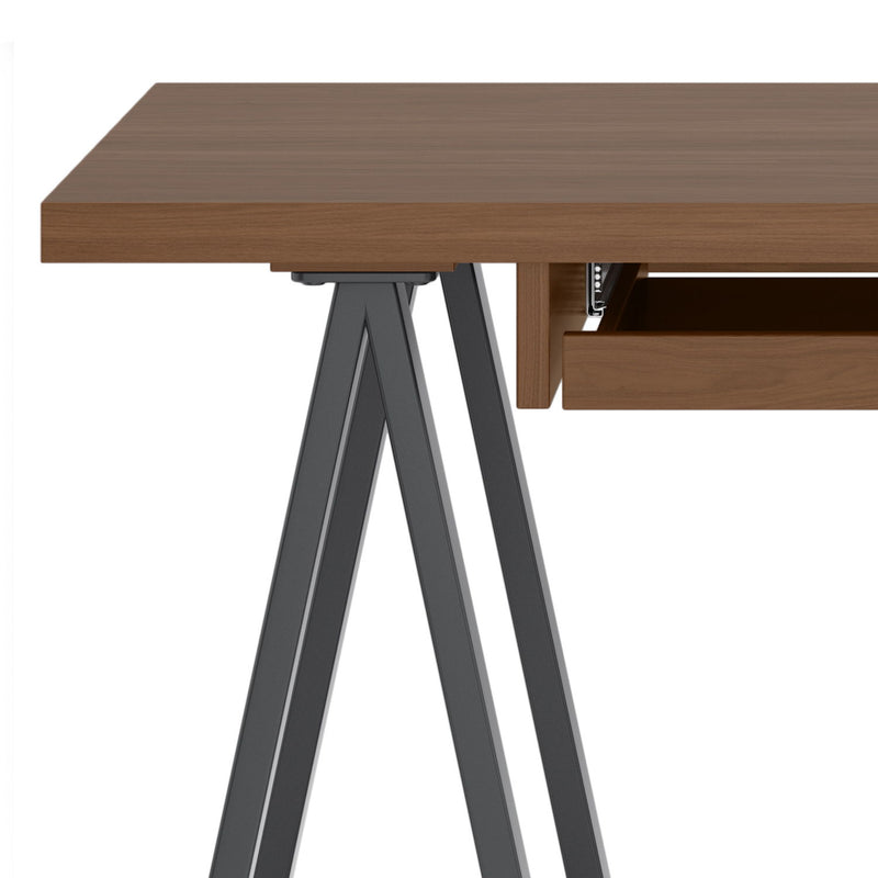 Handcrafted solid wood sawhorse desk from Simpli-Home, featuring a sturdy writing desk design with natural wood finish.