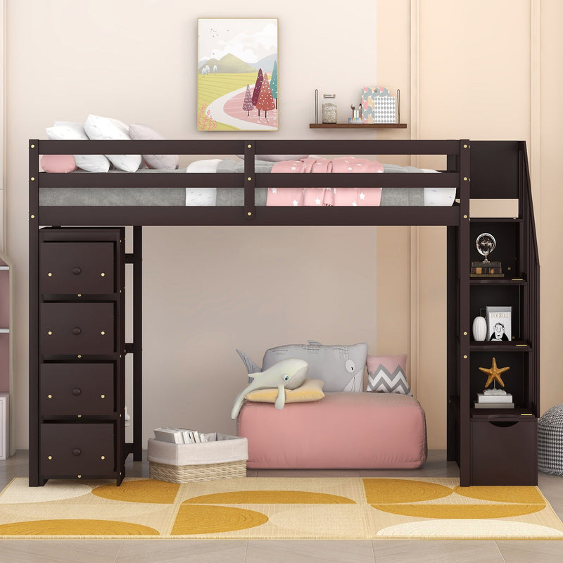 DreamHaus loft bed with integrated storage drawers, stairs with shelves, and a sturdy wooden frame in a modern bedroom setting.