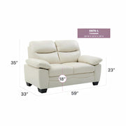 Glory Furniture Marta stationary loveseat with plush beige fabric, cushioned back and armrests, ideal for cozy living room seating.