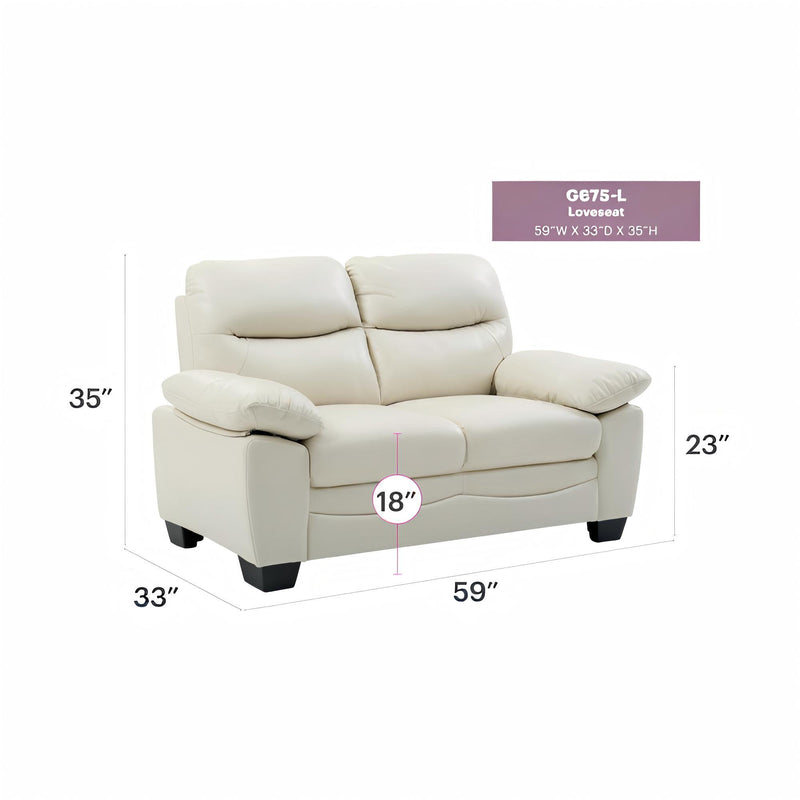 Glory Furniture Marta stationary loveseat with plush beige fabric, cushioned back and armrests, ideal for cozy living room seating.