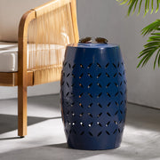 Navy blue outdoor lace cut side table by Noble House, featuring intricate lace design and sturdy metal construction for garden or patio use.