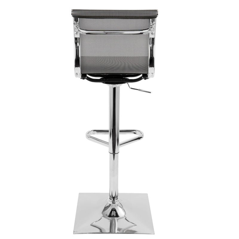 Lumi Source Mirage contemporary adjustable barstool with swivel, bar height (28-30 inches), featuring a modern design and padded seat.