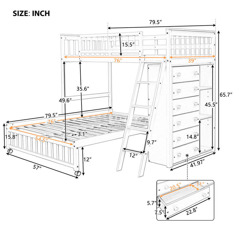 DreamHaus bunk bed with six drawers, flexible shelves, and a bottom bed on wheels, showcasing versatile storage and functional design.