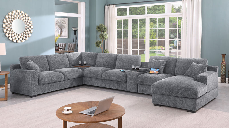 Celine - Fabric Corner Sectional Sofa With Right-Facing Chaise, Cupholders, And Charging Ports - R&R Furniture Gallery (Fountain Valley, CA)